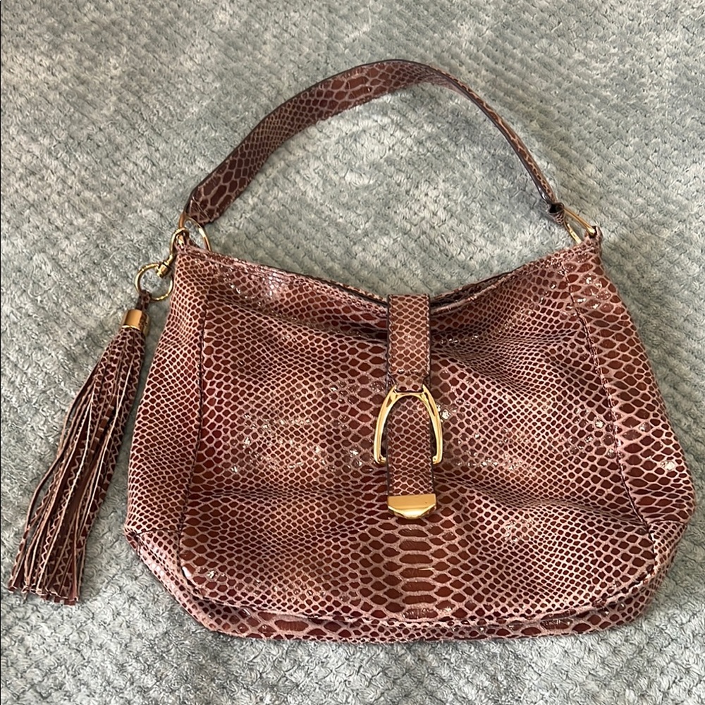 GILI Womens Shoulder Hobo Bag Snake Print Genuine Leather Brown